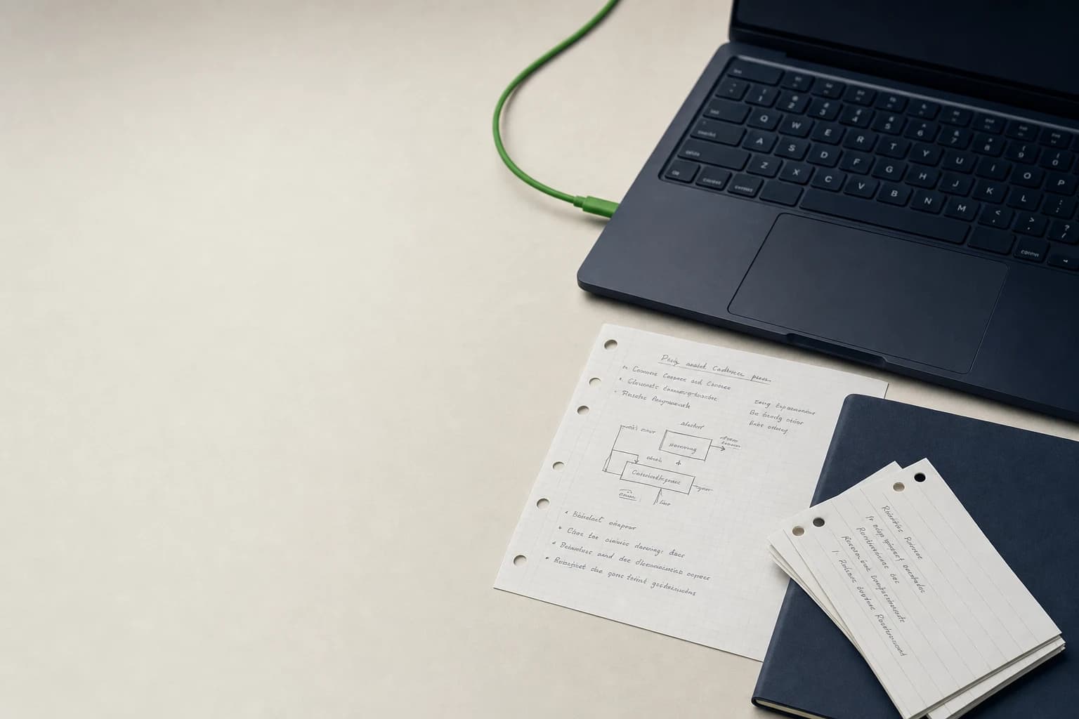 A dark laptop and project notes resting on paper beside a green cable