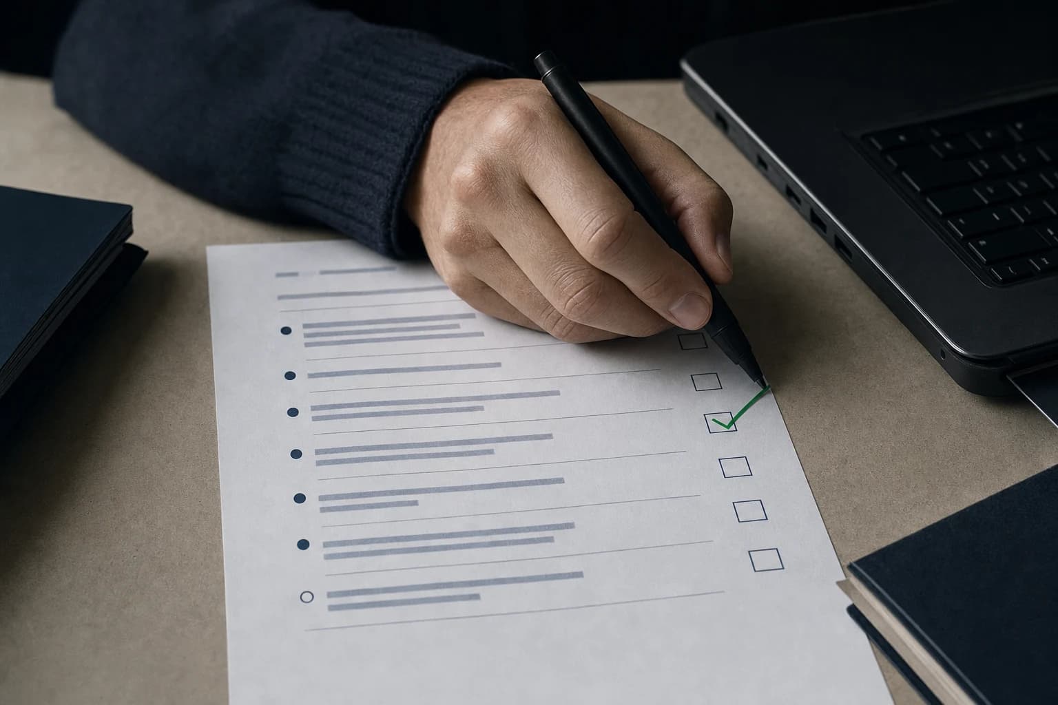 A hand checking a technical change list beside a dark laptop